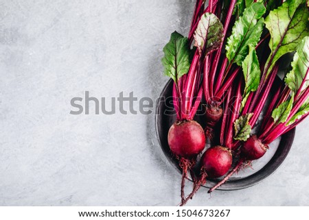 Bunch of fresh raw organic beets with leaves on a gray stone background