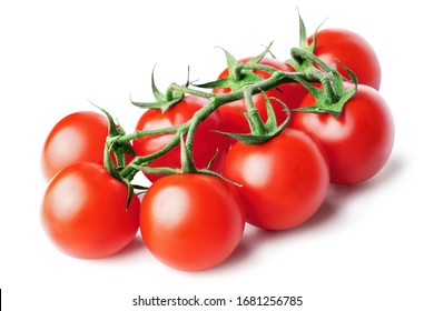 Bunch of fresh, red tomatoes with green stems isolated on white background. Clipping path.