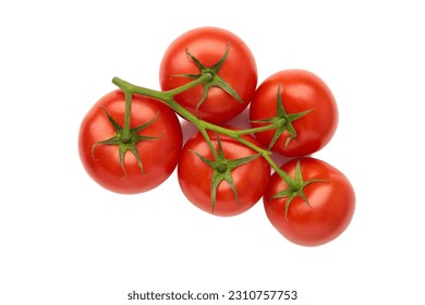 Bunch of fresh red tomatoes with green stems isolated on white background. Top view - Powered by Shutterstock