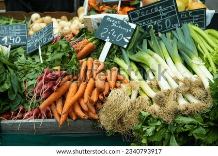 A bunch of fresh vegetables like carrots celeries leeks radishes at the market.