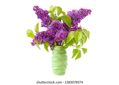 
Bunch Of Fresh Violet Syringa Vulgaris In Lilac Flower In Green Ceramic Vase Isolated On A White Background.