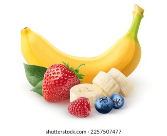 Bunch of fruits. Fruits for smoothie. Banana, strawberry, blueberry, raspberry isolated on white background with clipping path