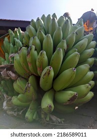 Bunch Of Green Banana With Over Exposure Background. Selective Focus.