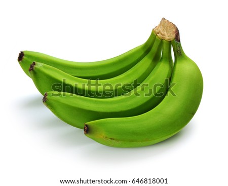 bunch of green bananas on white background.