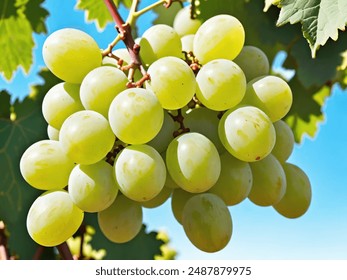 A bunch of green grape of Marmajuelo variety on a blue sky background, isolated close-up in a vineyard of La Tahona in  Güímar, Tenerife, Canary Islands, Spain  - Powered by Shutterstock