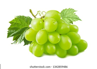 Bunch of green grapes with leaves isolated on white background. Package design element with clipping path
