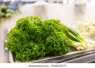 A bunch of green lettuce sits on a counter next to other vegetables. The lettuce is covered with a thin layer of water, giving it a slightly damp appearance. - Powered by Shutterstock