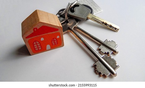 a bunch of house keys and a cube with the image of a house on a light background