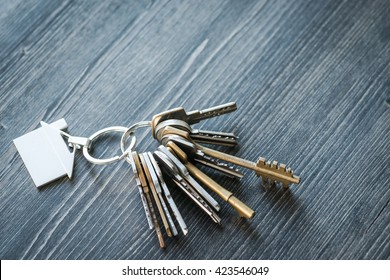 Bunch of keys with house shaped key ring on a rustic wooden table