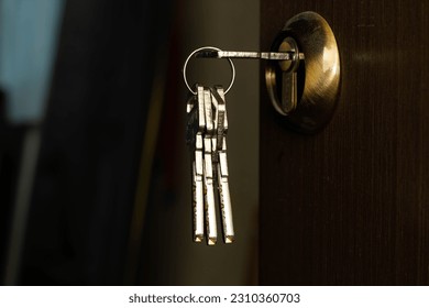 Bunch of keys sticks out of the door lock. Stainless steel keys protrude from a golden brass lock in a brown interior home door. Entrance door of the house with the keys in the copper lock. Close-up