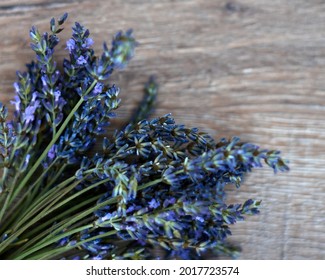 Bunch Of Lavander On Wooden Background, Selective Focus. High Quality Photo