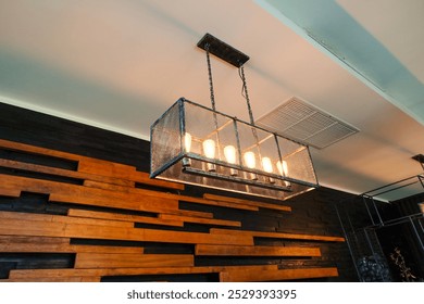 A bunch of light bulbs hanging from the ceiling in restaurant ,creating a warm and inviting atmosphere,Scene is warm and inviting,Luxury beautiful retro edison light lamp decor,space for text. - Powered by Shutterstock