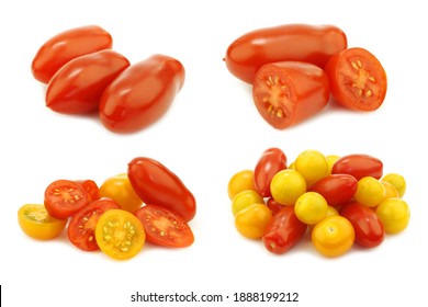 bunch of mixed red and yellow cherry and italian tomatoes and some halves on a white background - Powered by Shutterstock