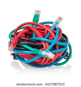 A bunch of multi-colored computer wires entangled with each other isolated on a white background