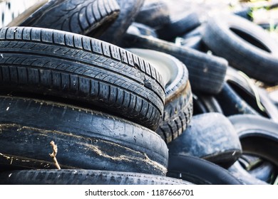 A bunch of old tires from used cars. Environmental pollution. Dump tires