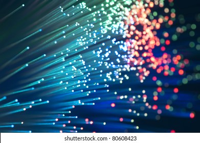 bunch of optical fibres dinamic flying from deep on technology background