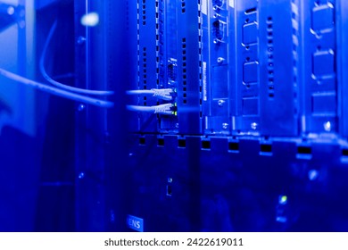 a bunch of patch network cables sorted in a rack cabinet leading from a patch panel in a server rack in data center room internet cloud storage