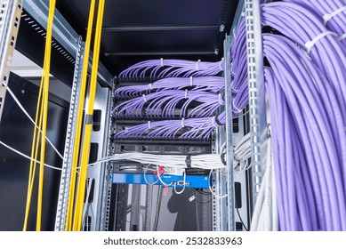 bunch of patch network cables sorted in rack cabinet, leading from patch panel in the server rack in the data center room