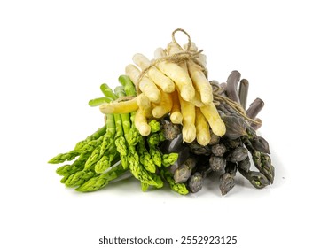 Bunch of Raw Garden Asparagus with Shadow Isolated. Fresh Purple Spring Vegetables on White Background. Edible Sprouts of Asparagus Officinalis Side View - Powered by Shutterstock