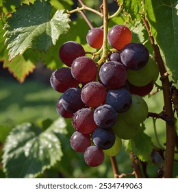 Bunch of Red Grapes on Vine: A close-up shot of plump red grapes hanging on a vine, glistening with morning dew against a backdrop of lush green leaves. - Powered by Shutterstock