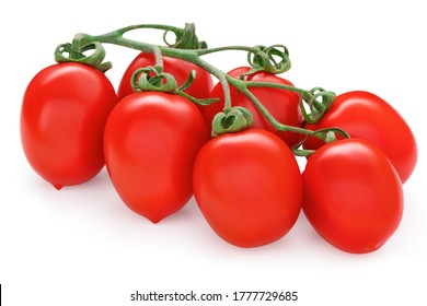 Bunch Of Red Roma Vf Tomatoes. Solanum Lycopersicum. Fresh Plum Tomato Cluster. Vegetable Isolated On White Background. Clipping Path, Studio Macro Shot