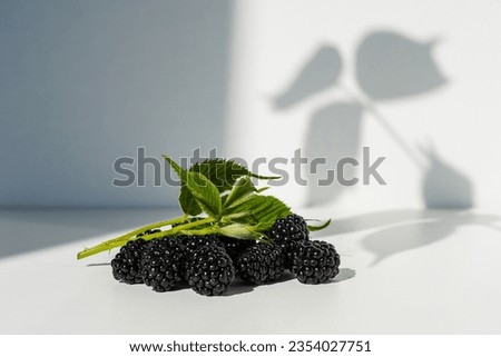 A bunch of ripe blackberries with leaves. Blackberries in a pile on a white background. Blackberries With White Leaves. Selective focus.