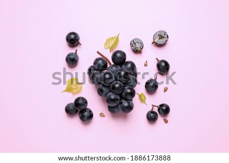 Bunch of ripe dark blue grapes with leaves on pink background, flat lay
