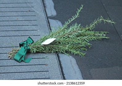 A Bunch Of Rosemary With A Card And Ribbon Left At The Royal Australian Regiment Memorial, Wynyard On Anzac Day