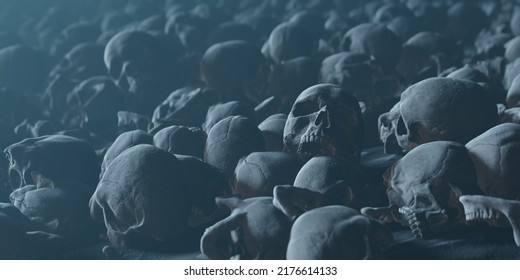 Bunch of Scattered Bones Human Skulls covering dusty ground, death conceptual backgound - Shutterstock ID 2176614133