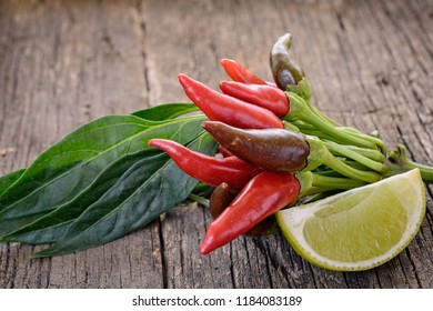 Bunch of small red, juicy hot chili peppers of tabasco variety with leaves next to slice of lime are on an old wooden board