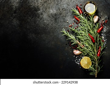 Bunch Of Spices On Dark Vintage Background. Cooking, Vegetarian Food Or Health Concept.