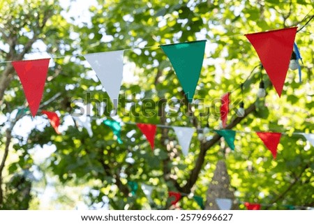 A bunch of triangle flags hanging from a tree. garland flags among for outdoor party.