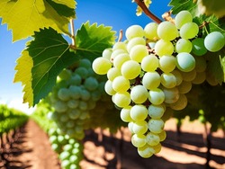 A Bunch Of White Grapes Between The Grape Leaves In A Vineyard Of Güímar, Tenerife, Canary Islands, Spain, Marmajuelo Or Bermejuela Grape Variety