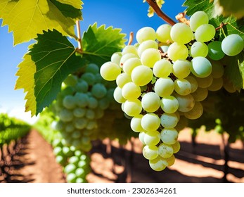 A bunch of white grapes between the grape leaves in a vineyard of Güímar, Tenerife, Canary Islands, Spain, Marmajuelo or Bermejuela grape variety - Shutterstock ID 2302634261