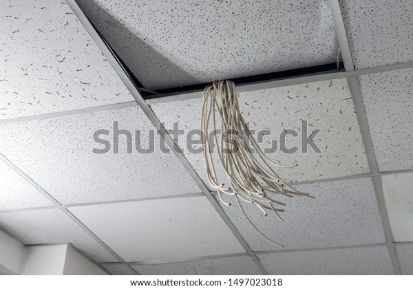 Bunch White Wires Hang Suspended Ceiling Royalty Free Stock Image