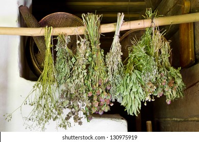 bunches of dried healing herbs