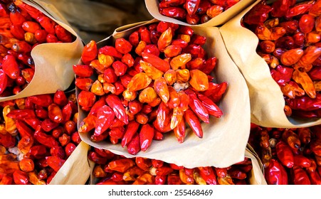 Bunches Of Dry Chili Pepper At Rialto Food Market In Venice. Selective Focus And Shallow Depth Of Field.