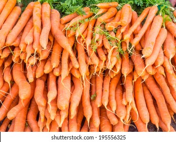 Bunches of fresh carrots for sale at local farmers market.