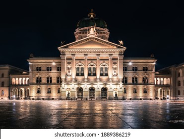 The Bundeshaus, The Federal Building, In Bern, The Capital Of Switzerland, In Winter By Night