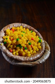 Bundi- An Authentic And Traditional Dessert From India. Boondi Sweet Served In A Leaf Container.