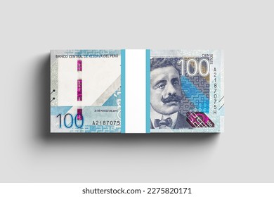 bundle of 100 peruvian soles bills, peruvian currency on white background in high resolution