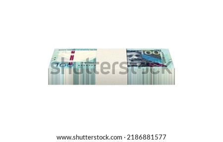 Bundle of 100 peruvian soles bills on white background