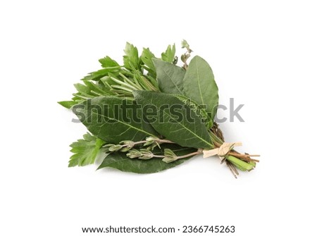 Bundle of aromatic bay leaves and different herbs isolated on white