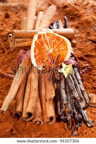 Bundle cinnamon and a bunch of vanilla beans with dried orange fruits on a brown cacao background. With a golden star and anise.