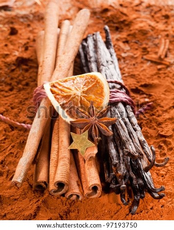 Bundle cinnamon and a bunch of vanilla beans with dried orange fruits on a brown cacao background