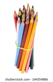 Bundle of colored pencils tied with an elastic band