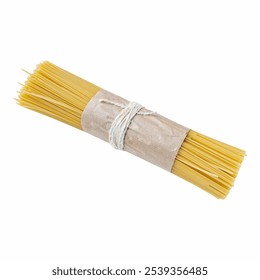 A bundle of dried spaghetti is neatly wrapped in paper and tied with twine, showcasing its slender, golden strands. It serves as an ideal ingredient for various Italian d Isolated on white background - Powered by Shutterstock