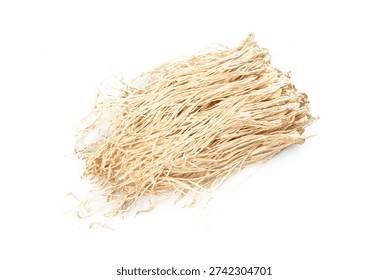 Bundle of dried thin wheat noodles or pasta strands isolated on white background, perfect for cooking and culinary photography