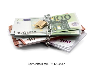 Bundle Of Euro Bill, Lock, Chain, EU Flag. Concept With European Union Money, Cash, Loans, Mortgage.