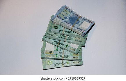 Bundle Of Lebanese Lira Bank Notes On White Ground